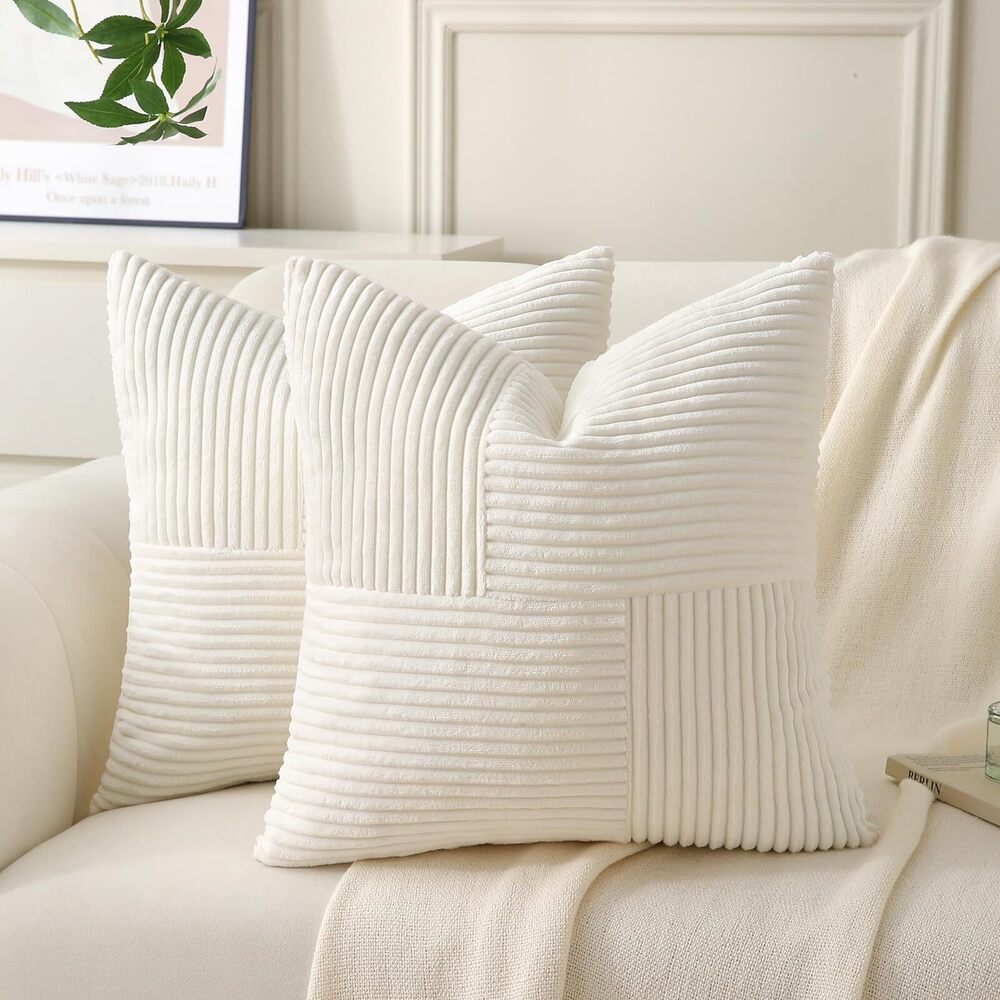 6631 Cream Throw Pillow Covers 18x18 inch,Pack of 2 Soft Corduroy Cushion